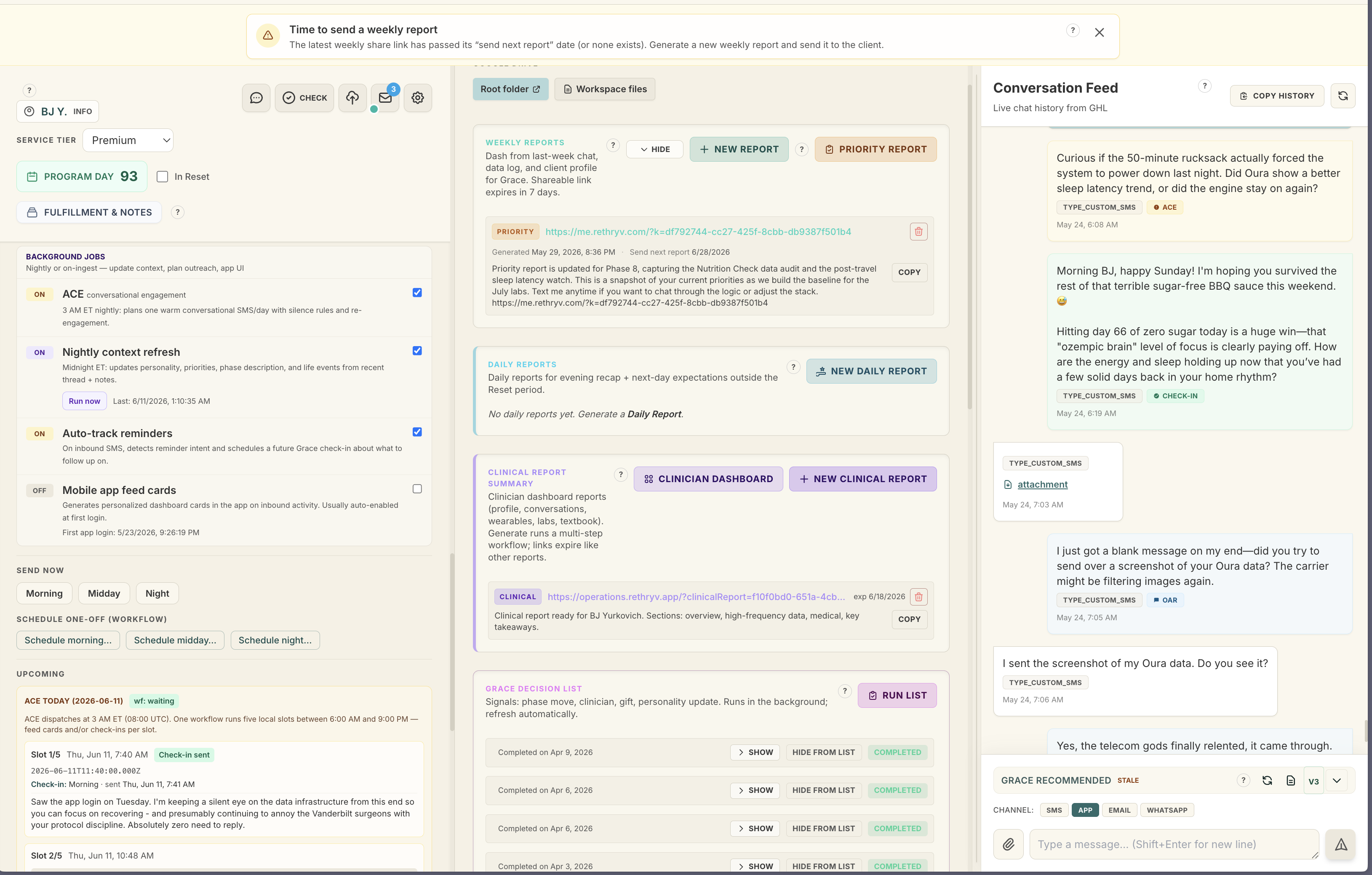 Clinician Dashboard — resident profile, automated jobs, conversation feed